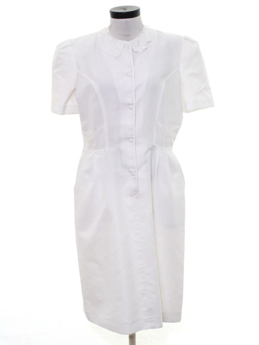 Vintage 70s Action Line White Lace Collar Midi Shirt Dress XL USA Made